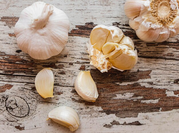 High view garlic on rustic table