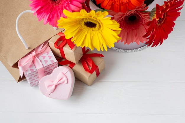 High view of gerbera flowers and gifts