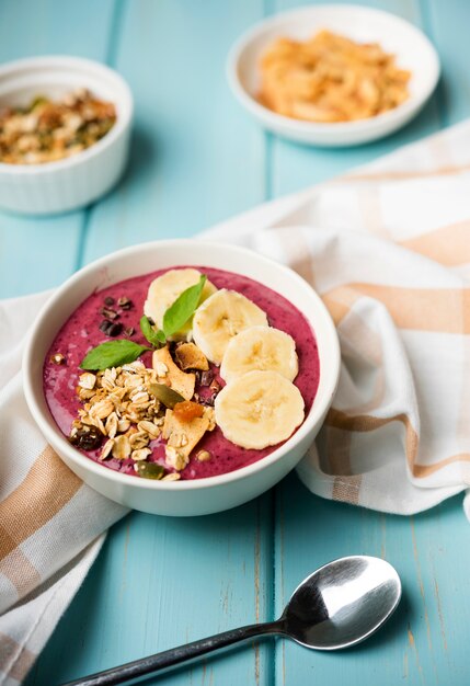 High view healthy bowl of food with banana