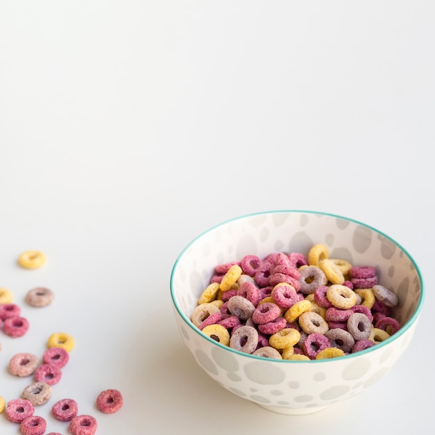 High view of healthy cereal snack bowl copy space