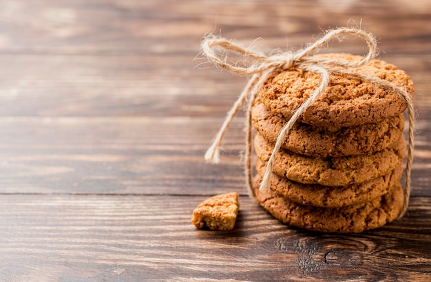 High view pile of biscuits with string