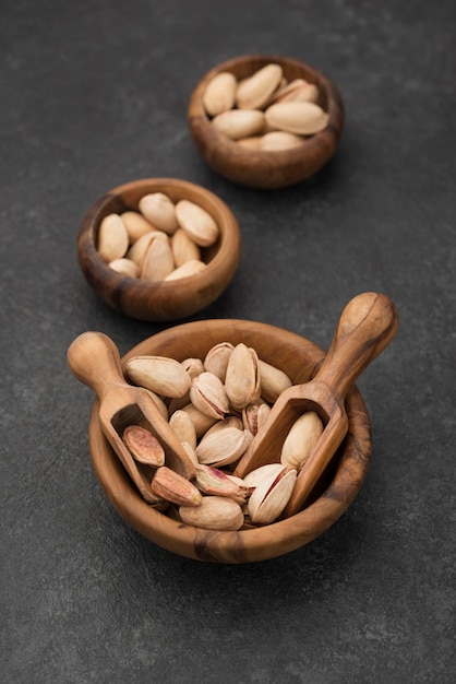 High view pistachio nuts in bowls