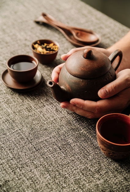 High view of teapot being held by man