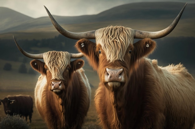 Highland cows portrait on mountain landscape