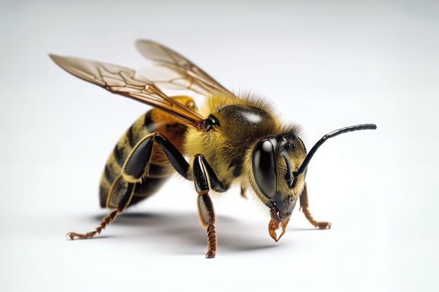 Highly detailed macro image of a bee isolated on white background background Ai generative