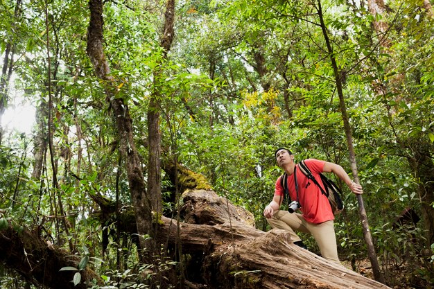 Hiker climbing over tree trunk