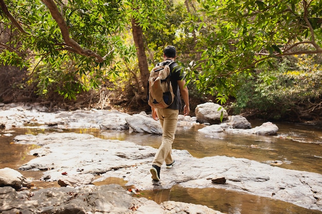 Free photo hiker crossing river in nature