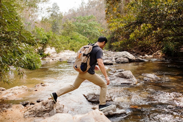 Free photo hiker crossing river