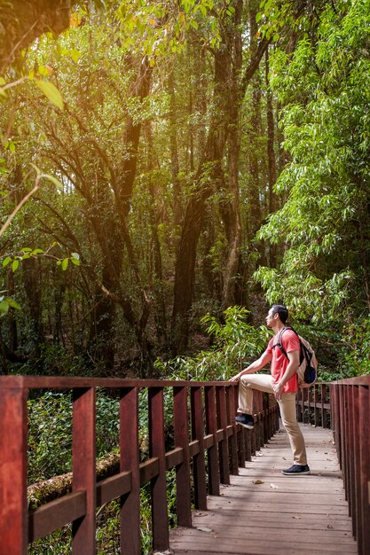 Hiker looking above on an old bridge