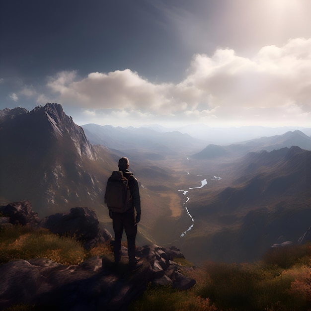 Free Photo hiker in the mountains landscape with mountains and clouds