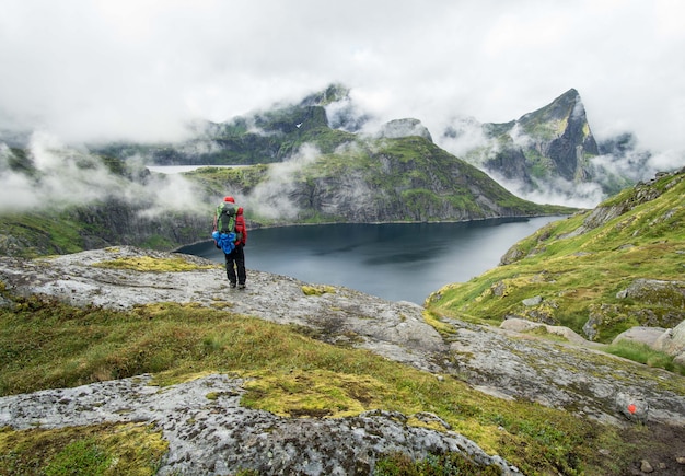 Free Photo hiker standing beside a lake in the lofoten mountains on a foggy day