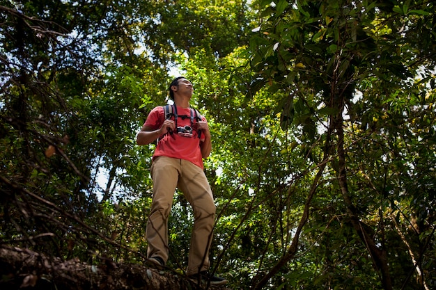 Hiker standing in wild jungle