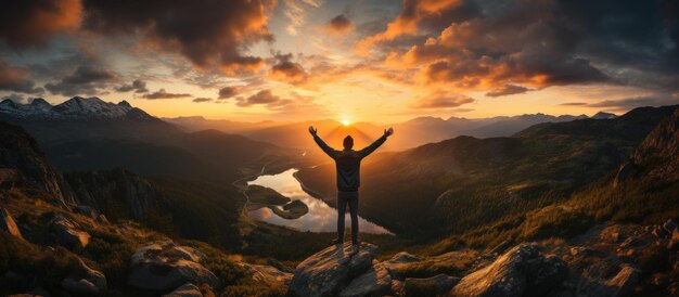 Hiker with raised hands standing on top of a mountain and enjoying the view