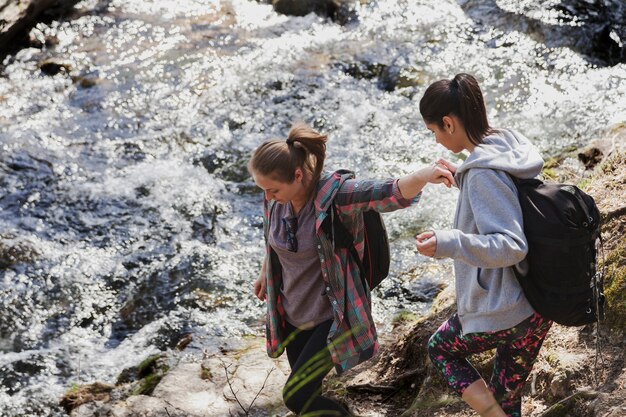 Hikers walking close to the river