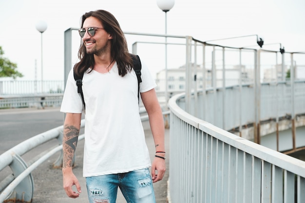 Hipster model with long hair