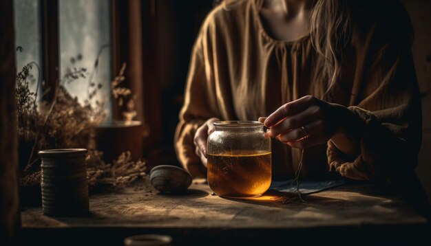 Holding old fashioned whiskey glass indoors generated by AI