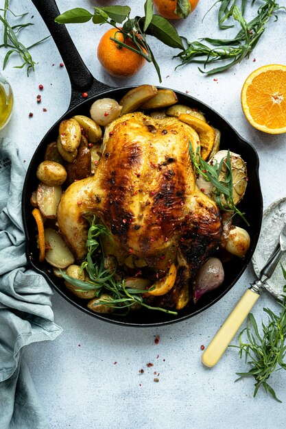 Holiday dinner with roasted chicken and potatoes food photography