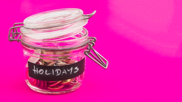 Free photo holidays glass jar with coins and euro notes on pink background