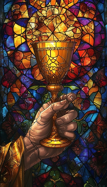 Free photo holy communion religious scene depicted on colorful stained glass