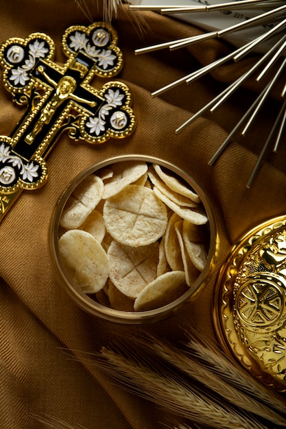 Holy communion with sacramental bread top view