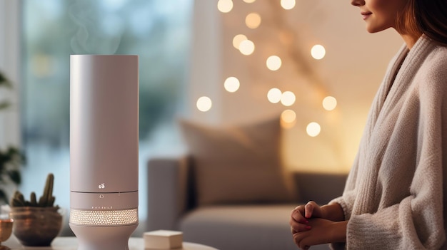 Free photo home scene featuring a portable heater a woman in soft focus behind