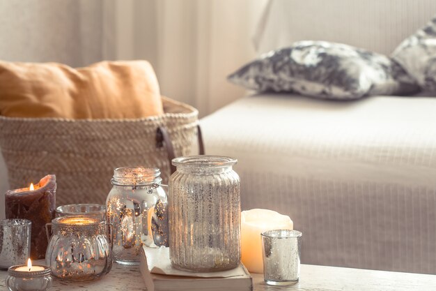 home still life with candles and vase in the living room