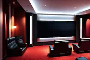 Free photo a home theater with a black flat screen tv and a red carpet.