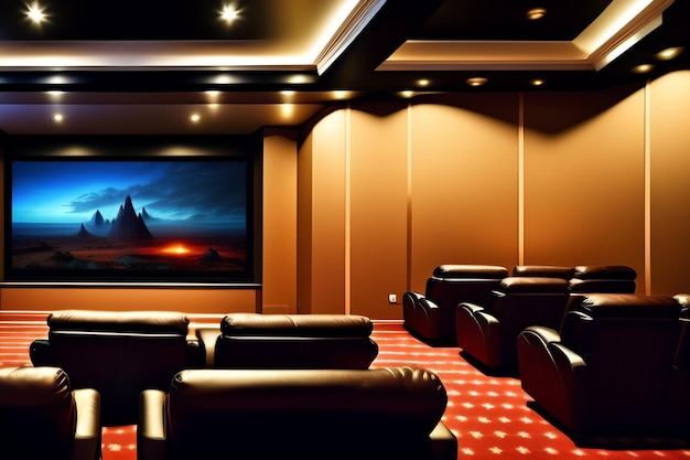 Free photo a home theater with a large screen and a black chair and a wall with a movie on it.