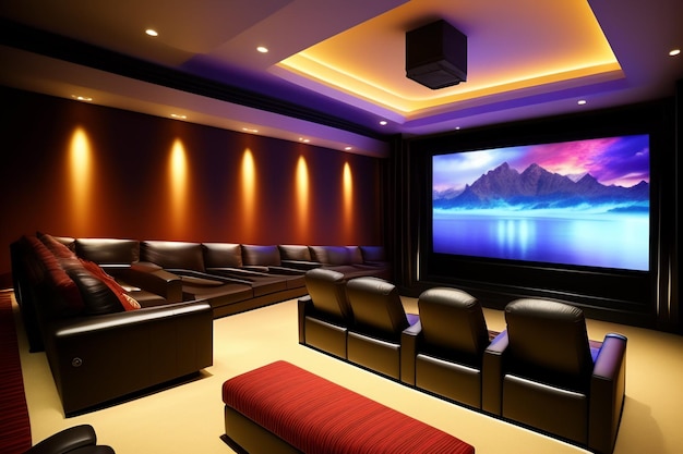 Free photo a home theater with a large screen that says home theater on it