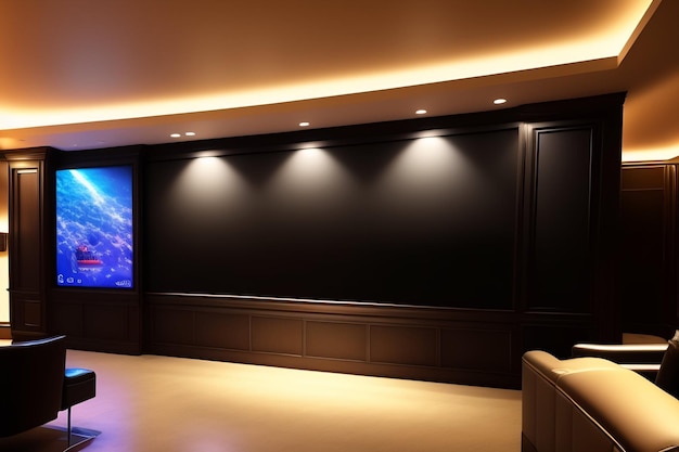 A home theater with a large screen that says'home theater'on it