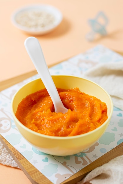 Homemade baby food in yellow bowl