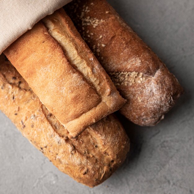 Homemade baked bread flat lay