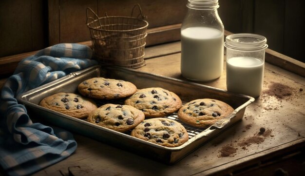 Homemade chocolate chip cookie on rustic table generative AI