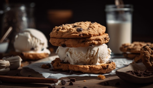 Homemade chocolate chip cookie on rustic wood table generated by AI