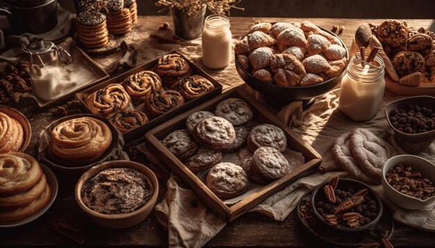 Homemade chocolate chip cookies on rustic wood table generated by AI