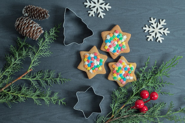 Homemade Christmas cookies with Christmas decorations.