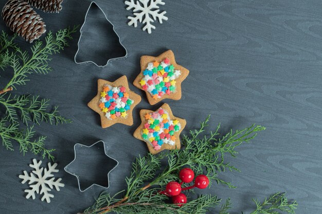 Homemade Christmas cookies with Christmas decorations.