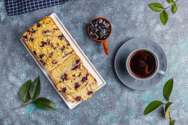 Homemade delicious blueberry crumble cake with frozen blueberries