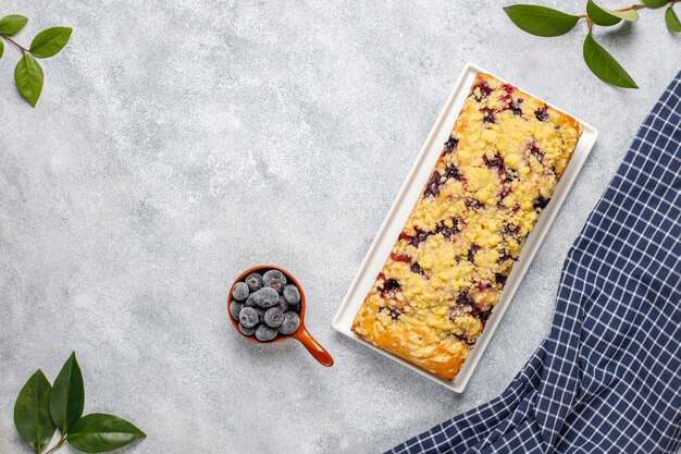 Homemade delicious blueberry crumble cake with frozen blueberries