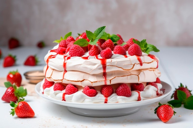 Free photo homemade delicious meringue cake pavlova with fresh straberry and mascarpone on a white background