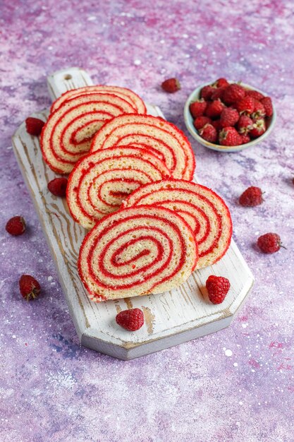 Homemade delicious raspberry cake roll.