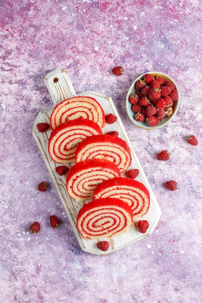 Homemade delicious raspberry cake roll.