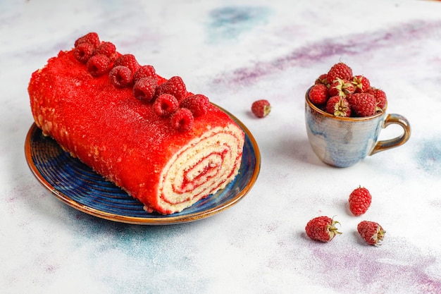 Homemade delicious raspberry cake roll.