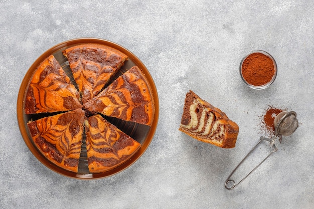 Homemade delicious zebra marble cake.