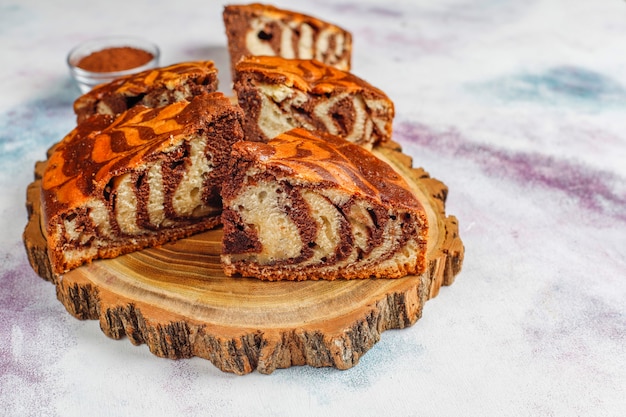 Homemade delicious zebra marble cake.