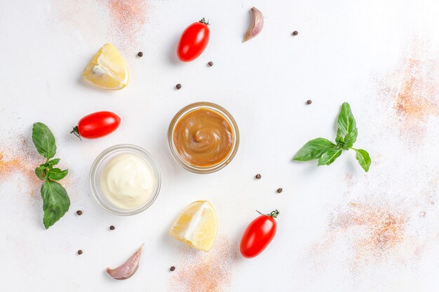 Homemade ketchup,mustard and mayonnaise sauce.