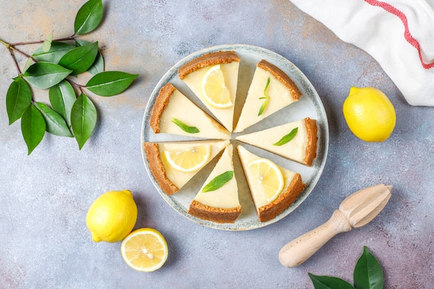 Homemade newyork cheesecake with lemon and mint,healthy organic  dessert,top view