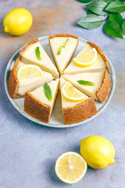 Homemade newyork cheesecake with lemon and mint