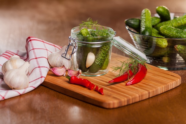 Homemade pickled cucumbers with chili