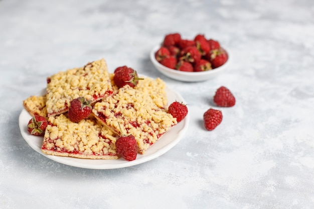 Homemade raspberry crumble bar on plate on light 